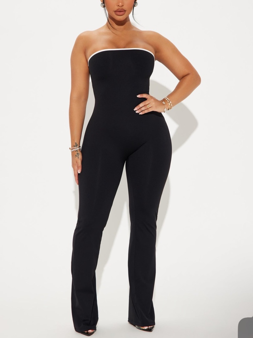 Fashion Nova Black Strapless Jumpsuit | Flare Leg | Bodycon Fit | Size M